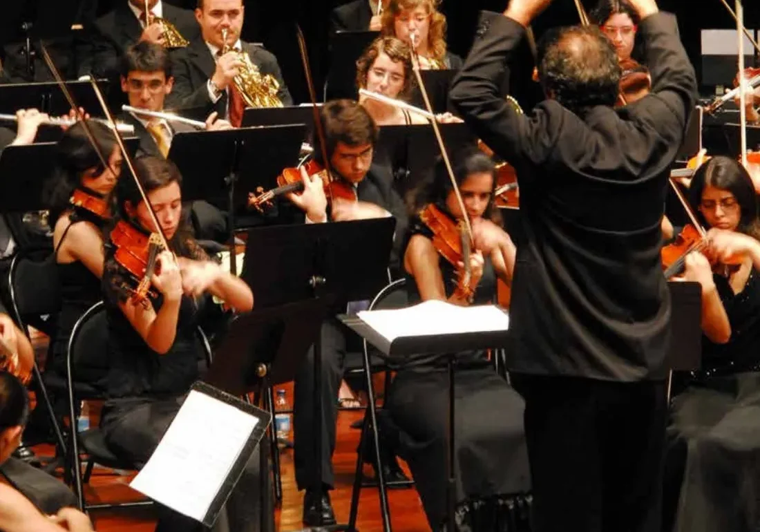 Orchestra musicians performing with music stands